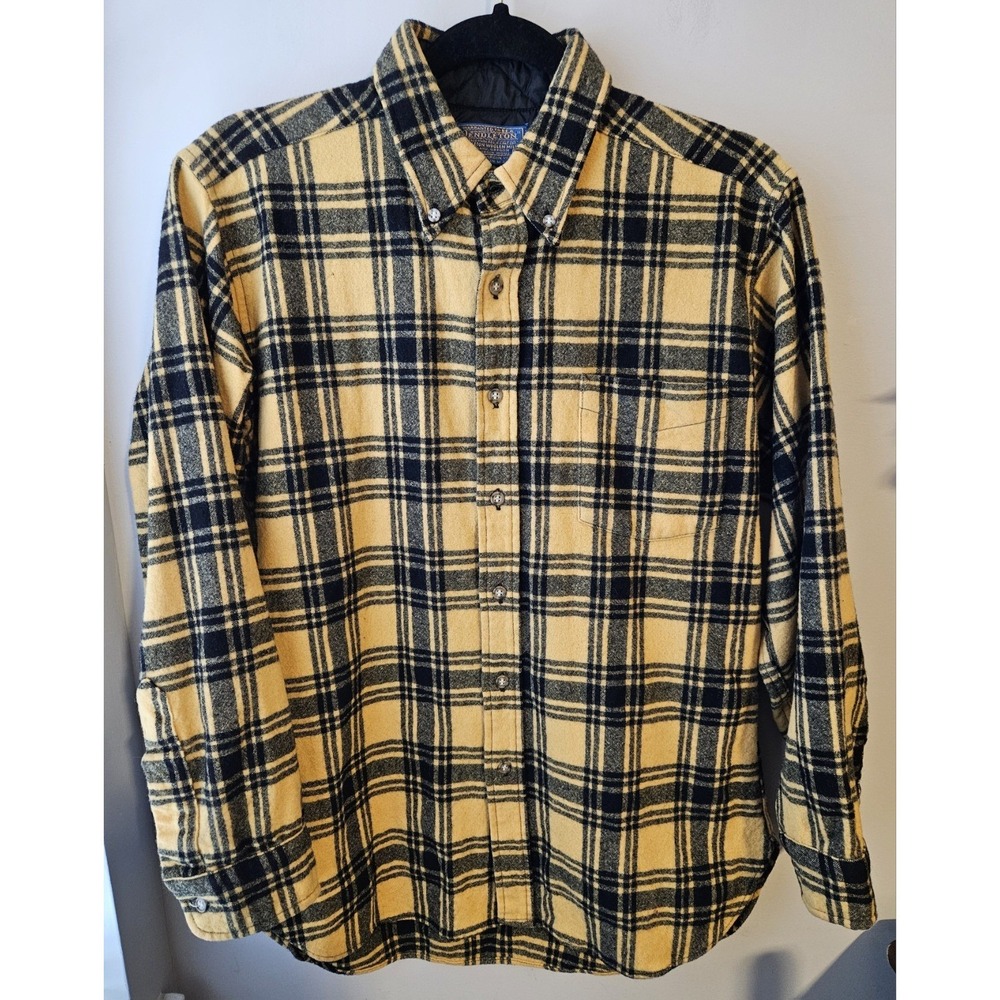 Pendleton Vintage Wool Shirt Jacket Mens M‎ Yellow Black Plaid Quilted Lined USA